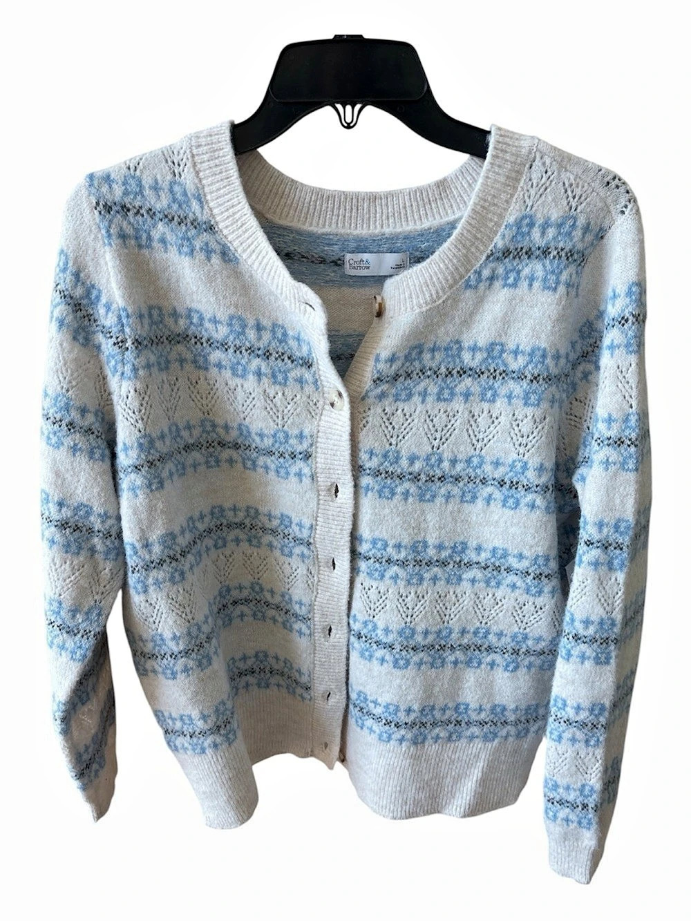 Croft & Barrow Pattern Pointelle Button Cardigan White & Blue Large NWT